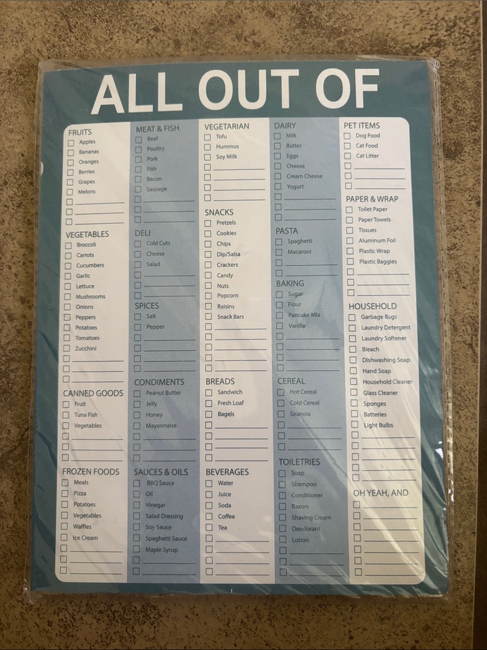 All Out Of Grocery & Household Checklist Notepad blue and white